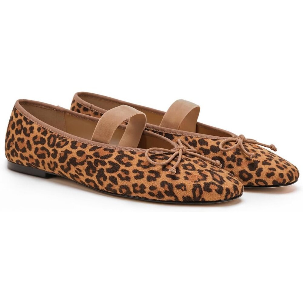 Women's Leopard Velvet Bow Upper Round Toe Ballerinas Pull On Flats Ballet Shoes - Picture 5 of 6